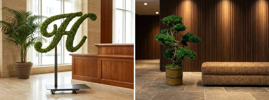 A mossed script letter H on a steel stand with casters beside a hotel reception desk, and a large preserved bonsai in a wooden tub in a paneled lobby.