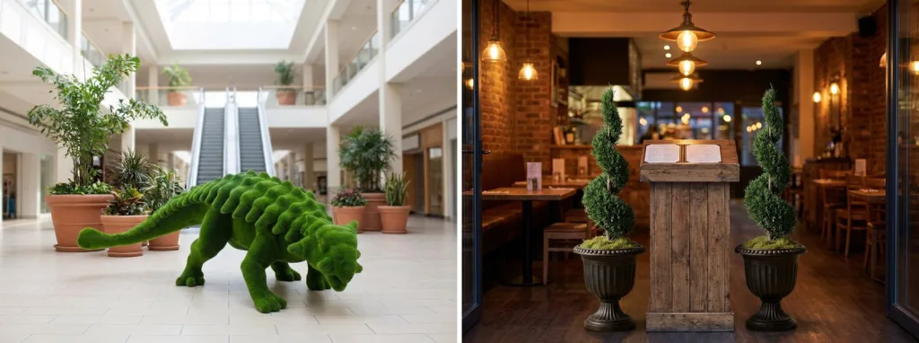 A green turf dinosaur in a bright shopping mall atrium with a skylight and escalator, and a pair of preserved spiral topiaries in black urns at the host stand of a brick-walled restaurant.
