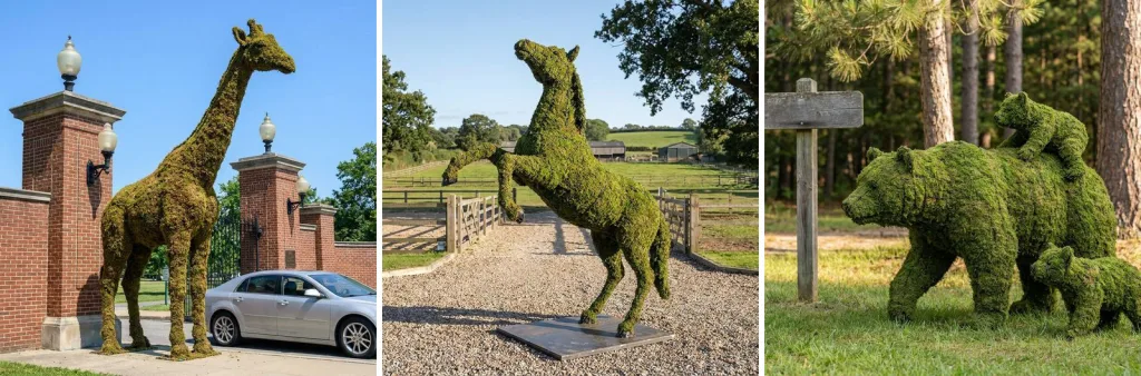 A mossed giraffe taller than the brick gate piers of an estate entrance, a mossed horse rearing on a gravel drive by a paddock, and a mossed bear with two cubs by a wooden sign at the edge of a pine wood.