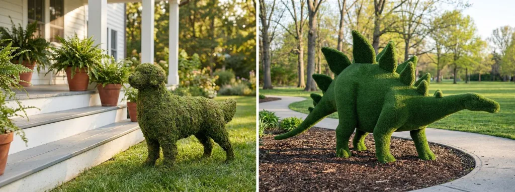 A mossed golden retriever on the lawn beside white porch steps, and a turf stegosaurus beside a curving path in a public park.