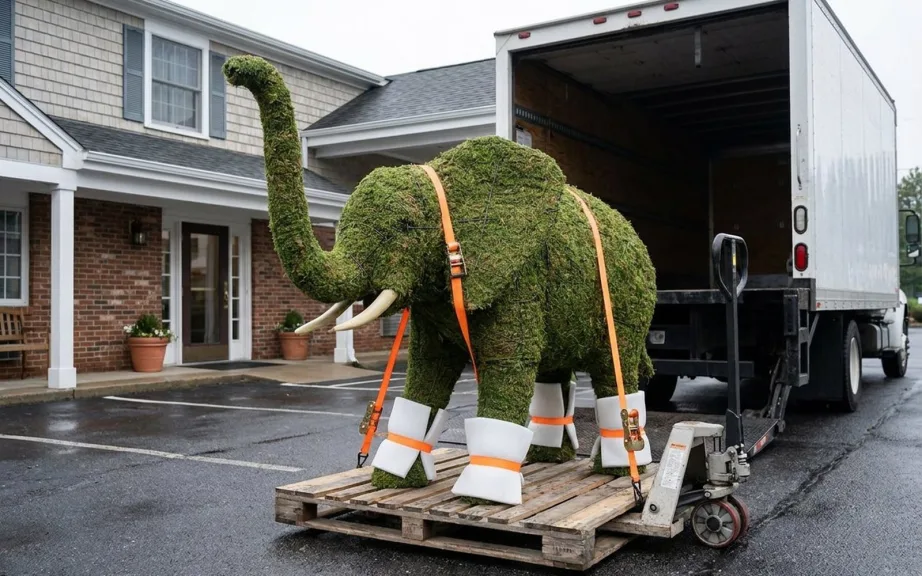 A five-foot mossed elephant strapped upright to a wooden pallet with foam pads on its feet, beside the open liftgate of a delivery truck in a hotel parking lot.