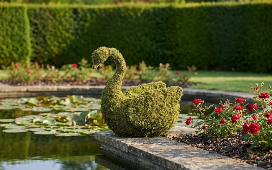A mossed swan resting at the edge of a lily pond beside a stone path and red roses.
