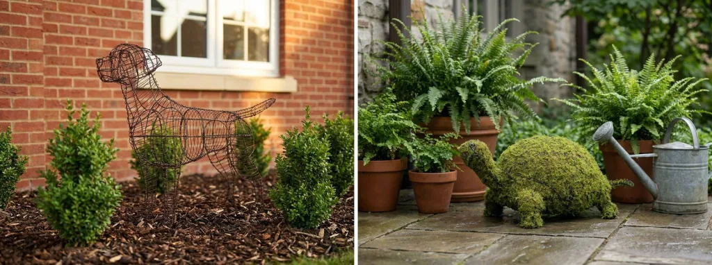 A bare wire Labrador frame in a bed of small boxwoods against a brick wall, and a mossed turtle among potted ferns on a stone patio.