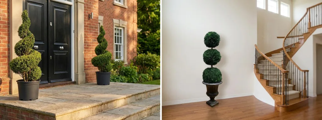 A pair of live boxwood spirals in black pots by a brick front door, and a preserved triple ball topiary in a black urn at the foot of a curved staircase.
