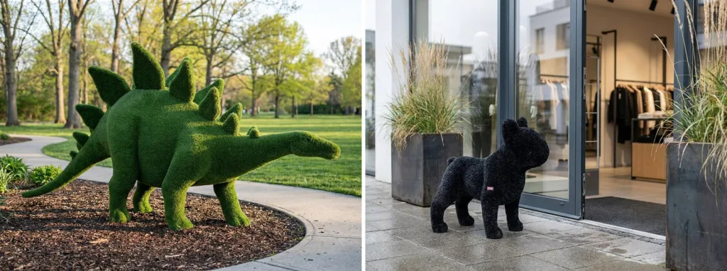 A turf stegosaurus beside a curving path in a public park, and a black turf dog sculpture at the glass entrance of a clothing store.
