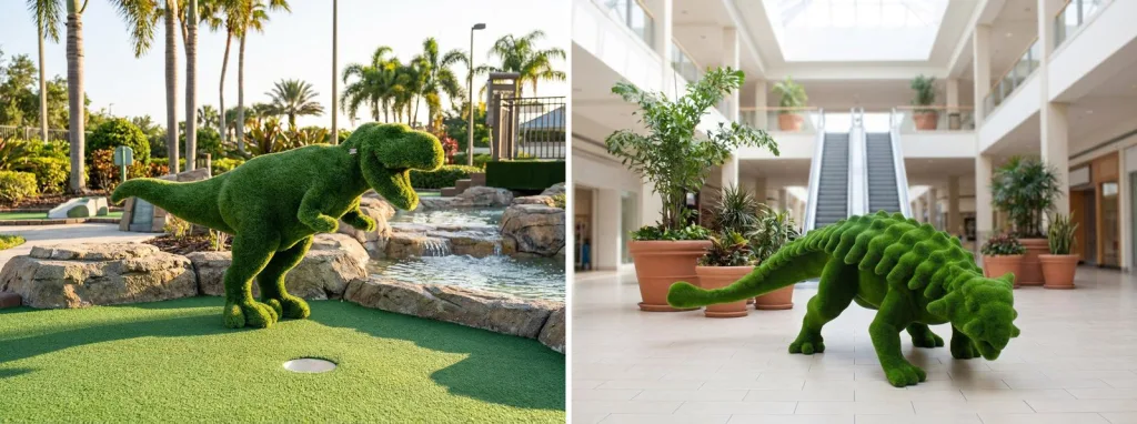 A turf T-Rex beside a rock waterfall on a mini golf course, and a turf dinosaur on the polished floor of a bright shopping mall atrium.