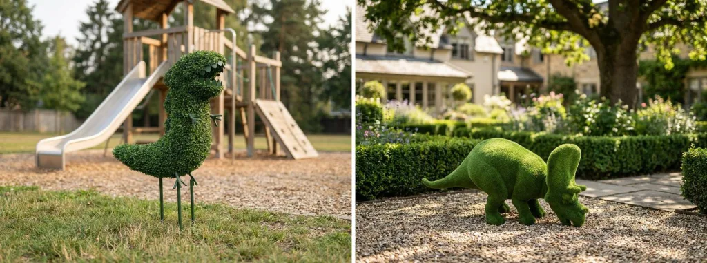 A small green dinosaur topiary on thin legs in front of a wooden playground slide, and a turf triceratops on gravel in a formal garden with clipped hedges.