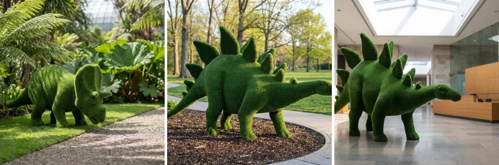 A turf triceratops beside a gravel path in a botanical garden, a turf stegosaurus by a park path, and a turf stegosaurus in a museum lobby.