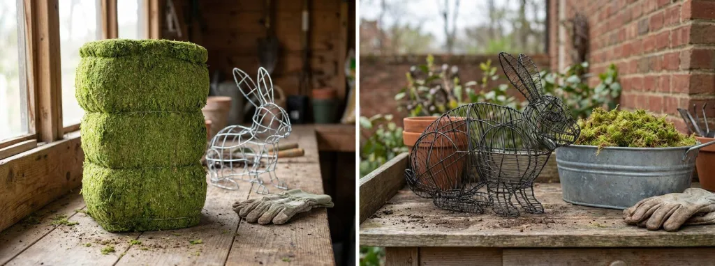 A mossed column form on a potting bench beside a small wire bunny frame and gloves, and a bare wire bunny frame on a garden bench with a tub of sphagnum moss.