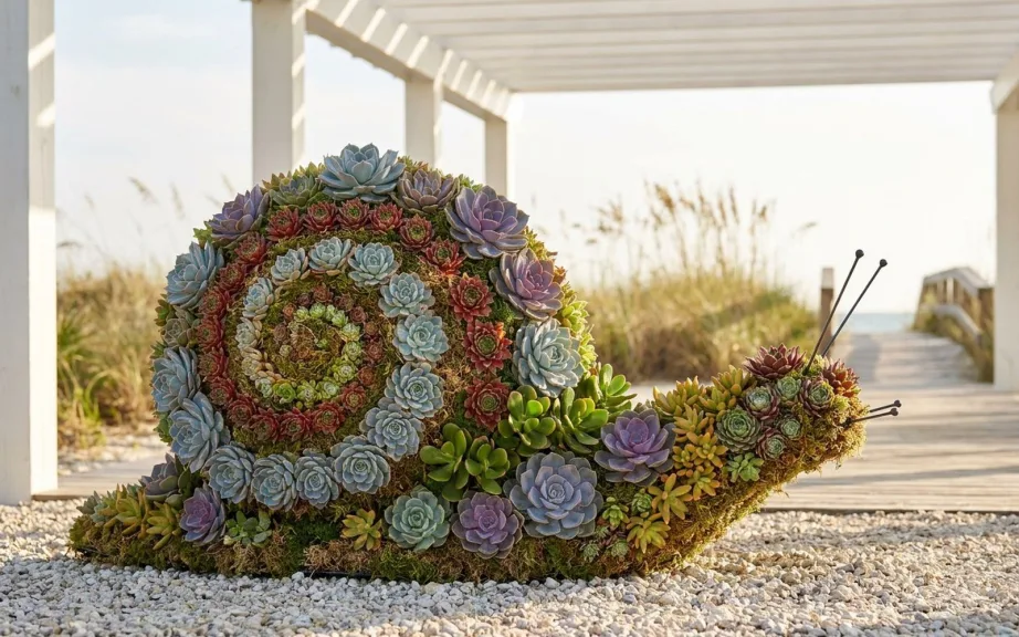 A mossed snail topiary about four feet long planted with blue, purple, red and green succulent rosettes in a spiral pattern, on pale gravel under a white pergola on a beach house patio, with sea oats and a dune walkway behind.