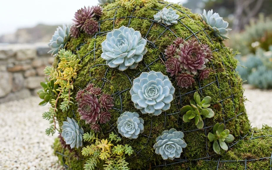 A close-up of a moss-packed wire frame planted with powder-blue Echeveria, burgundy-tipped hens and chicks, trailing green and yellow Sedum and small jade Crassula, with moss showing between the rosettes.