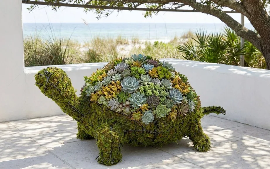 A mossed turtle topiary planted with succulents on a white-walled terrace in the dappled shade of a tree, with the ocean and dune grasses beyond.