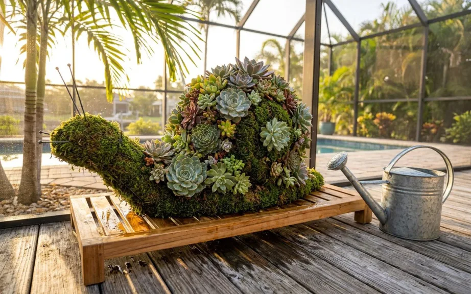 A mossed snail topiary planted with succulents on a slatted teak stand on a pool deck in early morning light, with a galvanized watering can beside it and palms beyond the screen.