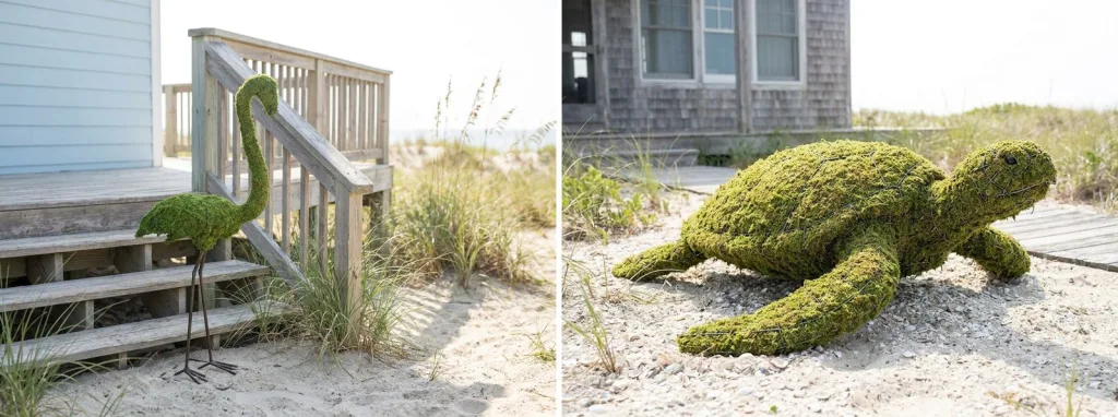 A mossed flamingo topiary beside the wooden steps of a gray shingled beach house, and a mossed sea turtle topiary on sand by a beach cottage.