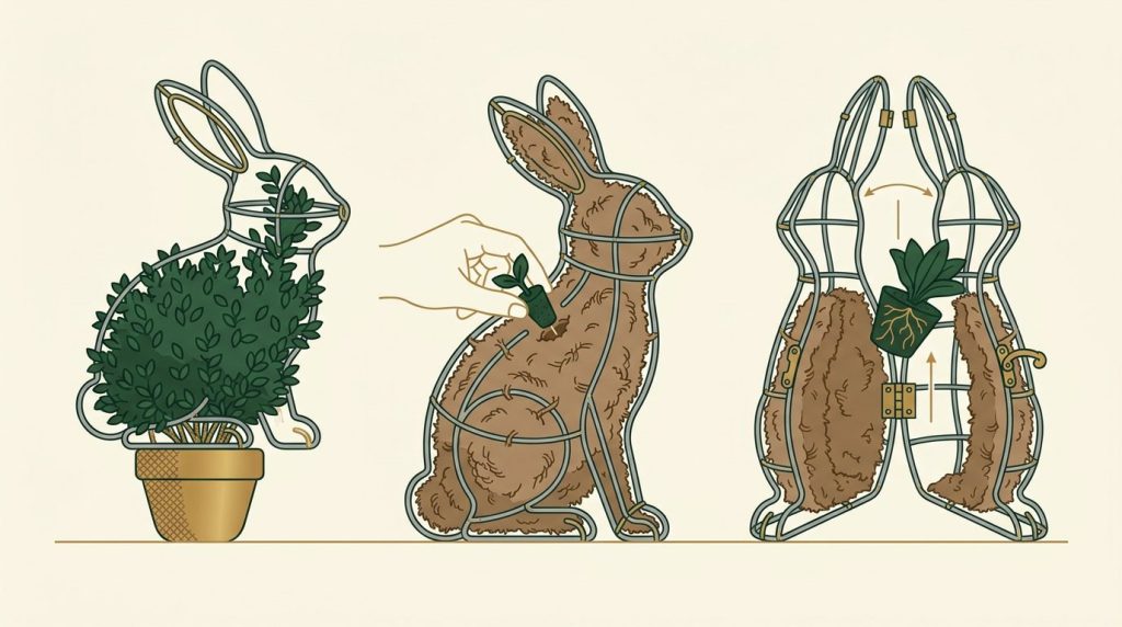 The three ways to plant a wire topiary form: over a living plant, plugged from the outside, or opened and planted from the inside