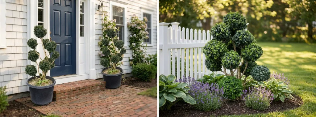 Two pom pom topiaries with several round heads on bare trunks in pots by a navy front door, and a large cloud-pruned tree with irregular rounded pads in a flower bed by a white picket fence.