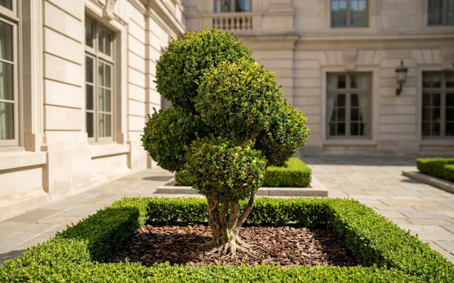 A large cloud-pruned boxwood with several stacked rounded heads planted in a boxwood-edged bed in the stone courtyard of a formal building.