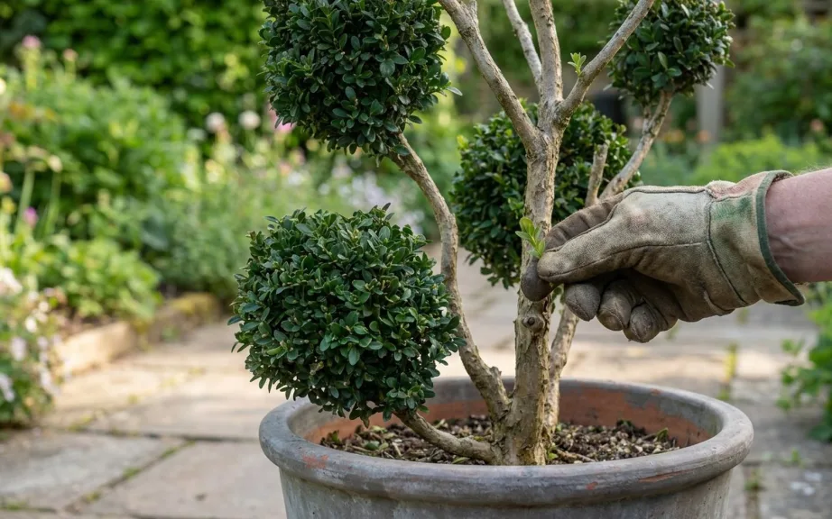A gloved hand rubbing a small soft shoot off the bare woody stem between clipped round boxwood heads on a pom pom topiary in a large gray planter.