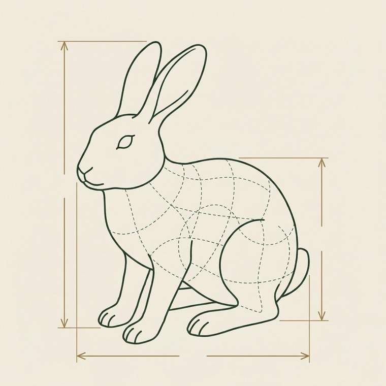 Technical drawing of a sitting rabbit topiary with dimension lines, before any steel is cut