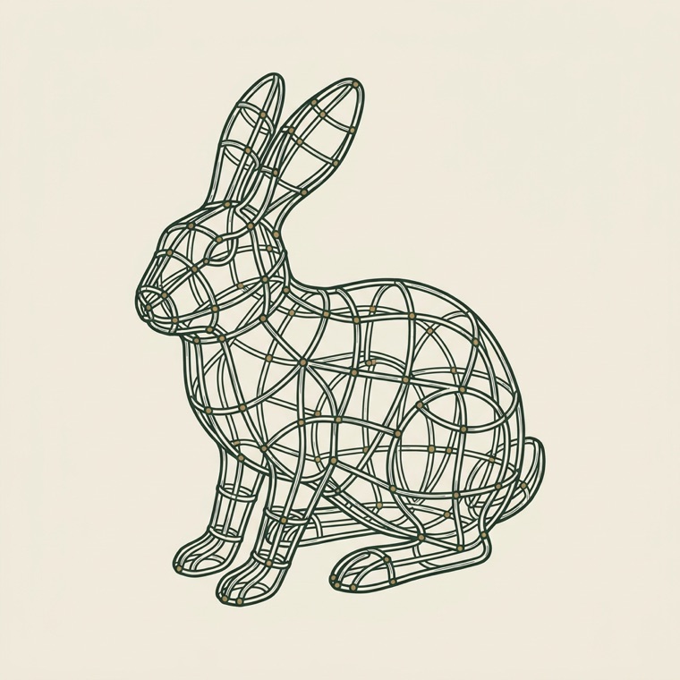 The same rabbit as a bare welded steel wire armature, weld points marked