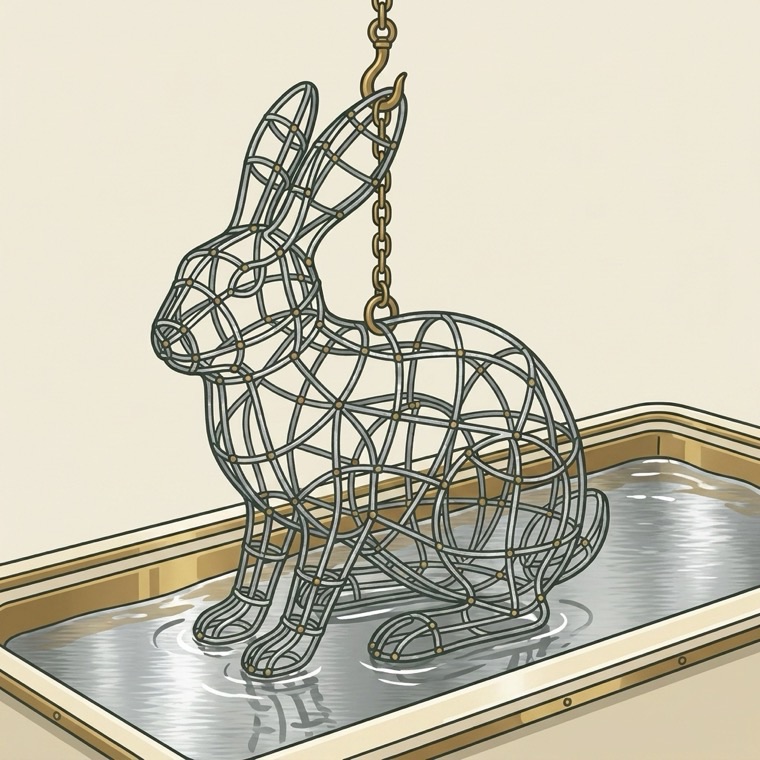 The rabbit frame lowered on a hook into a bath of molten zinc for hot-dip galvanizing