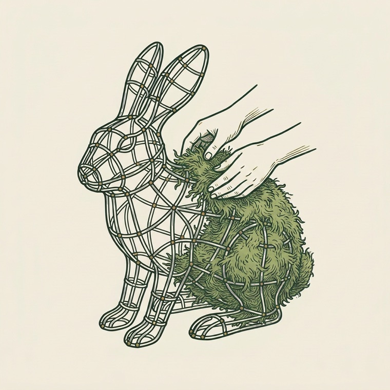 Hands packing long-fibre sphagnum moss into the rabbit frame, half filled