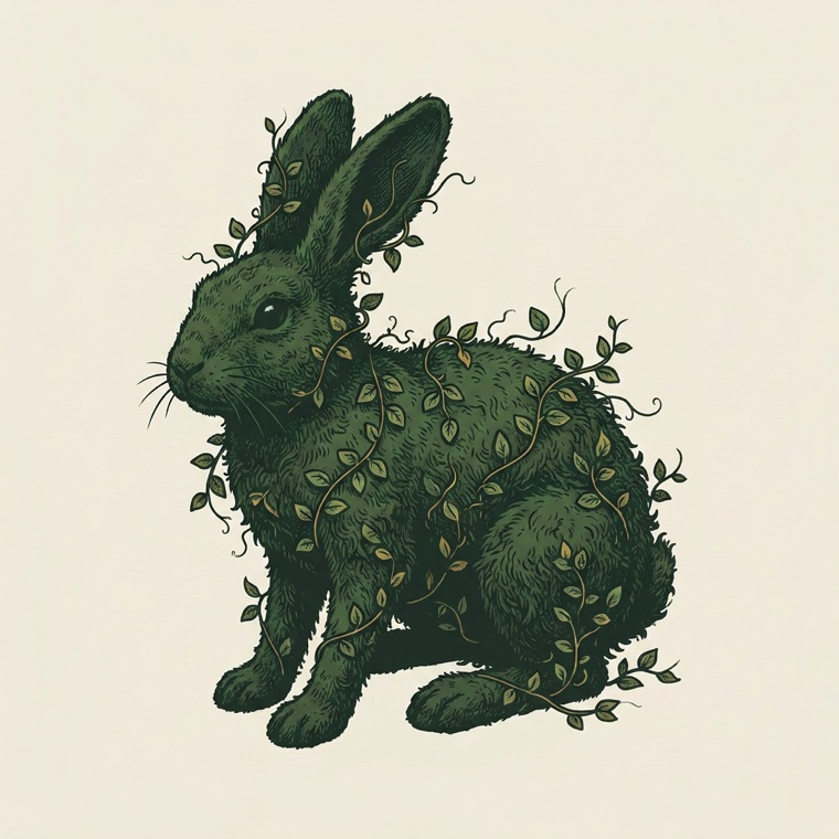 The mossed rabbit with creeping fig shoots growing across its surface