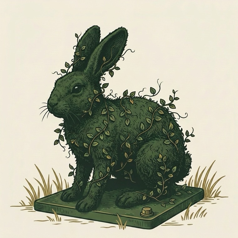 The finished green rabbit topiary on a bolted base pad outdoors