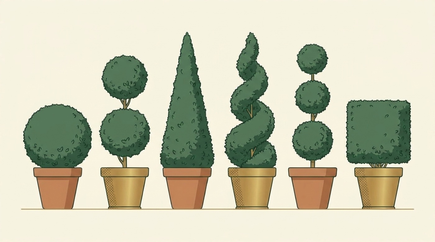 Six classic topiary shapes in a row: ball, double ball, cone, spiral, pom pom and cube