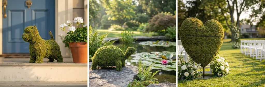 A mossed dog topiary on a porch step by a blue door, a mossed turtle on a rock beside a lily pond, and a mossed heart at the end of a wedding aisle on a lawn.