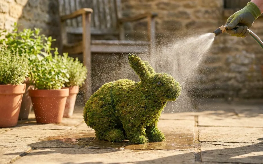 A gloved hand misting a mossed rabbit topiary with a fine spray from a garden hose on a sunny stone patio beside potted herbs.