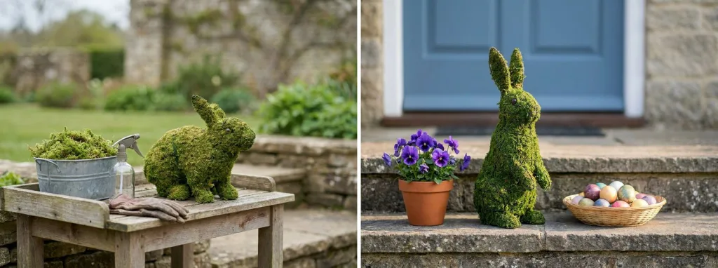 A mossed rabbit topiary on a garden potting table beside a galvanized tub of fresh sphagnum moss and a spray bottle, and a green mossed rabbit on a stone porch step beside pansies.