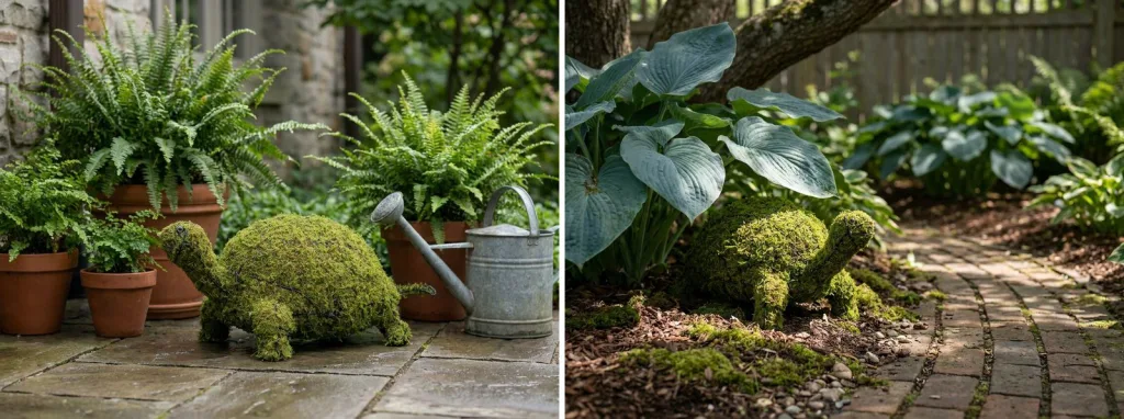 A mossed turtle topiary on a flagstone patio beside potted ferns and a galvanized watering can, and a mossed turtle in a shady border under hostas.