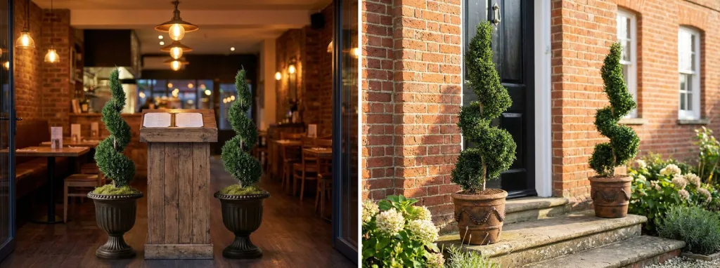A pair of preserved spirals in black urns at the entrance of a restaurant, and a pair of artificial spirals in terracotta pots by a black door on a sunny brick house.