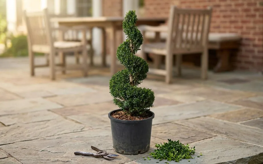 A live boxwood spiral in a black pot on a stone terrace with evenly spaced clipped turns and deep gaps cut back to the central stem, hand shears and fresh clippings on the stone beside it.