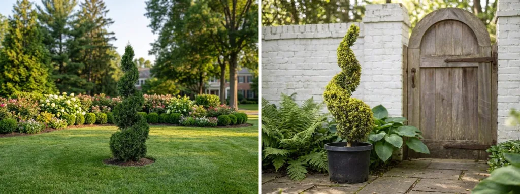 A single live boxwood spiral standing in a mown lawn in front of a flower border, and a variegated boxwood spiral in a black pot beside an arched wooden garden gate.