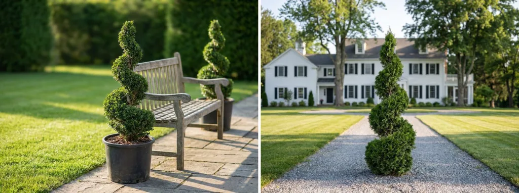 A live boxwood spiral in a black pot beside a wooden bench on a stone terrace, and a very tall arborvitae spiral planted at the end of a gravel driveway in front of a white colonial house.