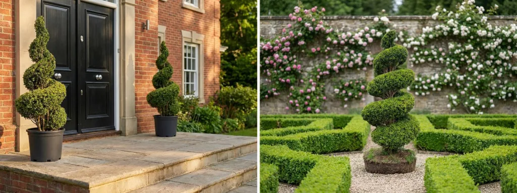 A pair of boxwood spirals in black pots either side of a black double door on a brick house, and a tall boxwood spiral at the center of a low boxwood parterre against a rose-covered wall.