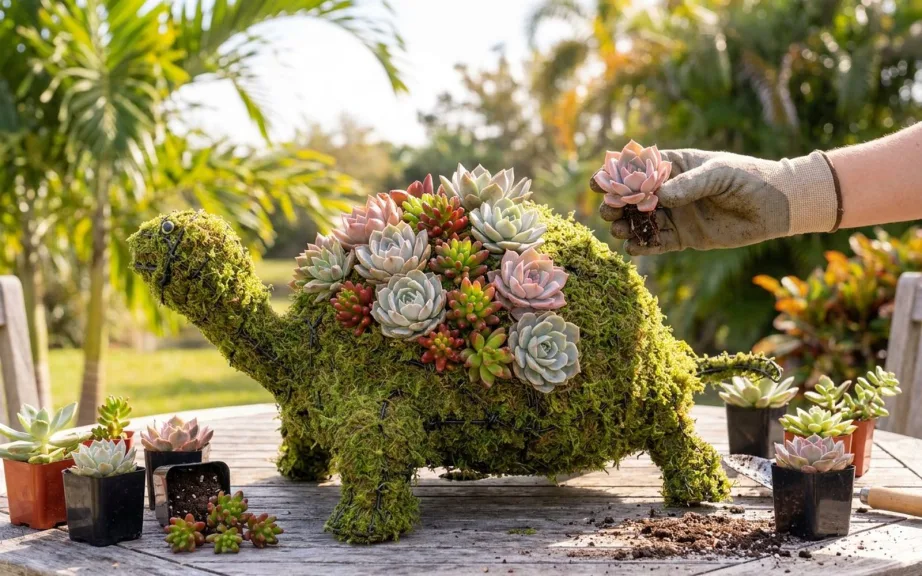 A mossed turtle topiary on a patio table half planted with echeveria and sedum rosettes, with a gloved hand holding the next rosette.