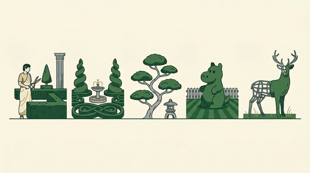 Topiary through the ages: a Roman gardener with shears, a renaissance knot garden with spirals, a Japanese cloud-pruned pine, a whimsical theme-park animal, and a modern steel-frame deer half covered in foliage