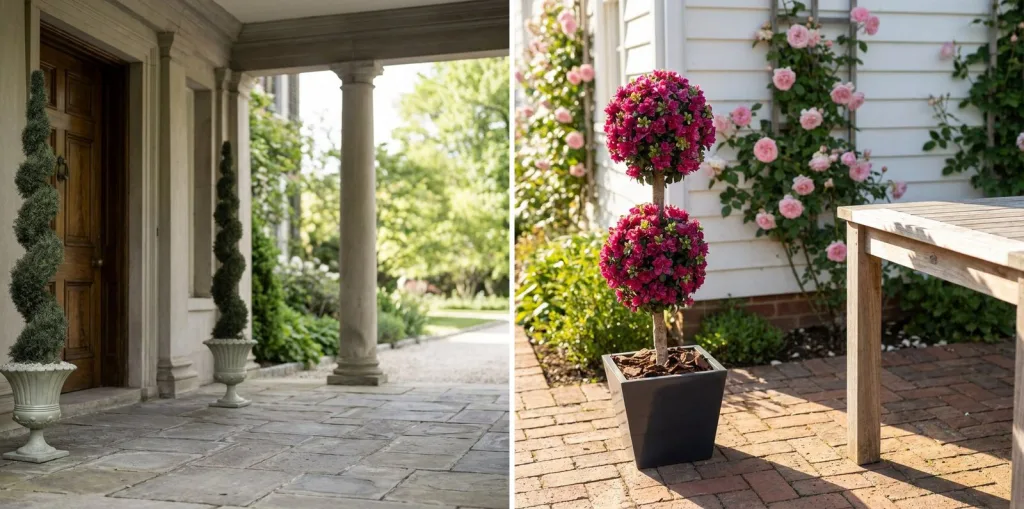 A pair of tall artificial spiral cypress trees in stone urns under the columned portico of an inn, and an artificial azalea double ball topiary in a dark planter on a sunny brick patio.