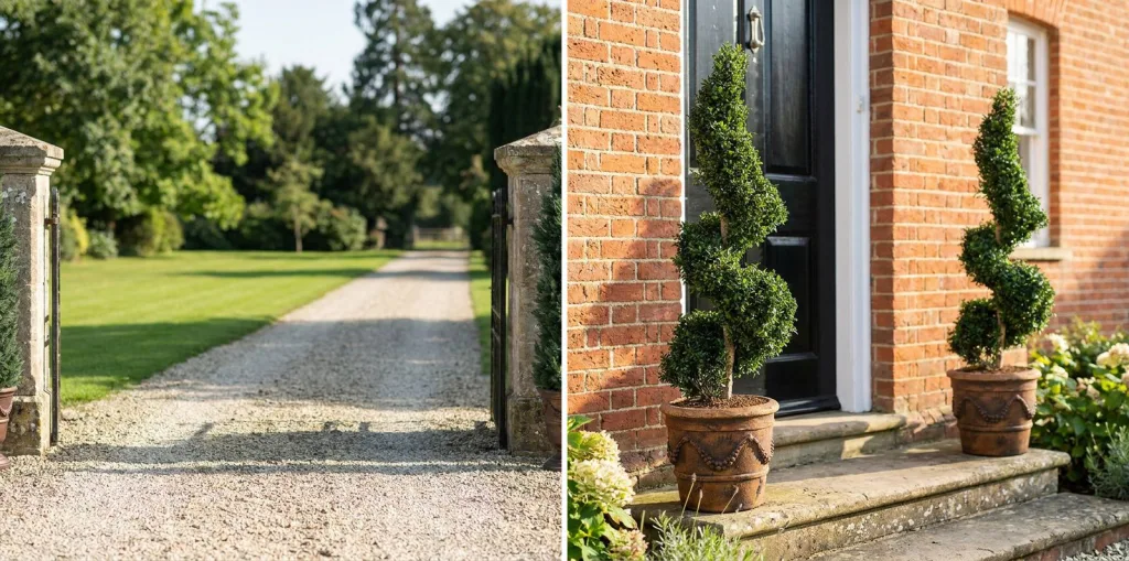 Two tall artificial cypress trees in bronze urns at stone gate piers beside a gravel drive, and a pair of artificial spiral topiaries in terracotta urns either side of a black door on a brick house.
