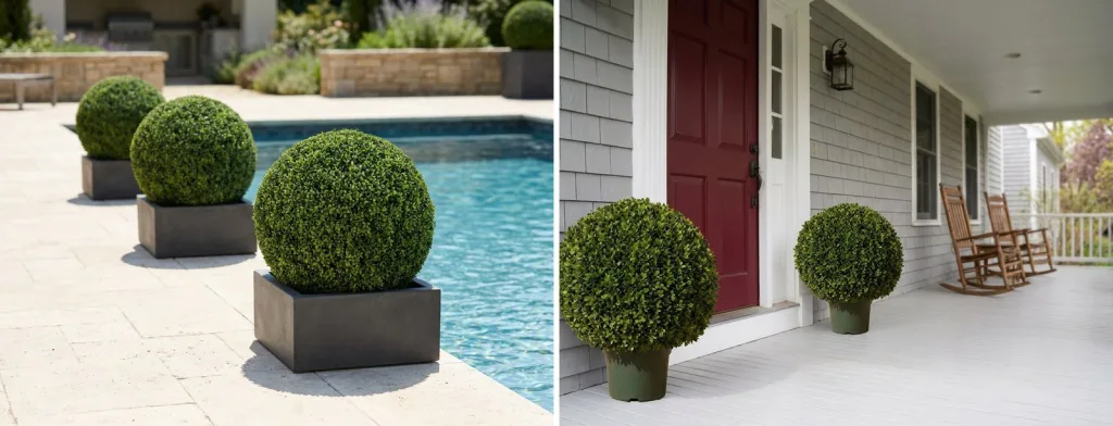Three artificial boxwood balls in square charcoal planters on a sunny pool deck, and a pair of artificial boxwood balls on a deep covered porch by a red door.