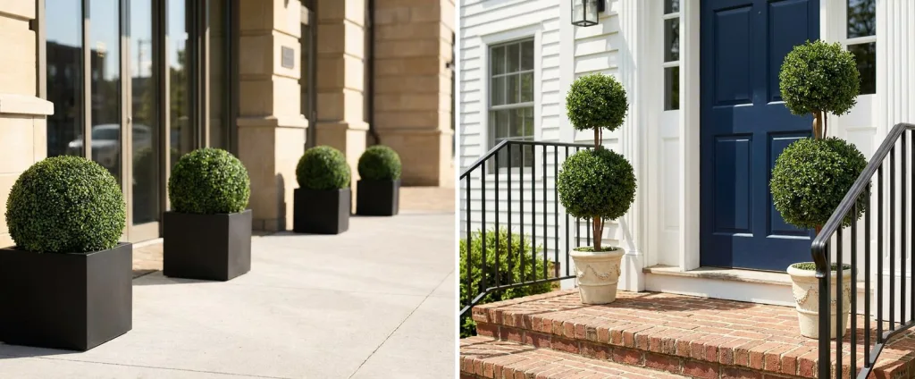 Four artificial boxwood balls in square black planters along the sunny front of a limestone hotel, and a pair of artificial double ball boxwood topiaries in cream urns by a navy front door.