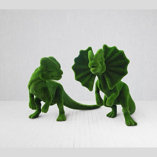 Two Green Moss Dinosaur Topiary Sculptures