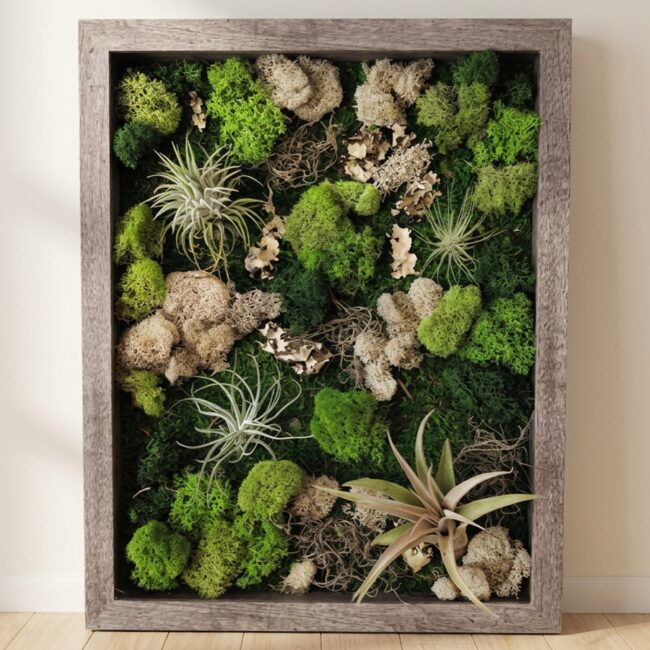 Wood Shadow Box with Air Plants and Preserved Moss, 12×24 Inch