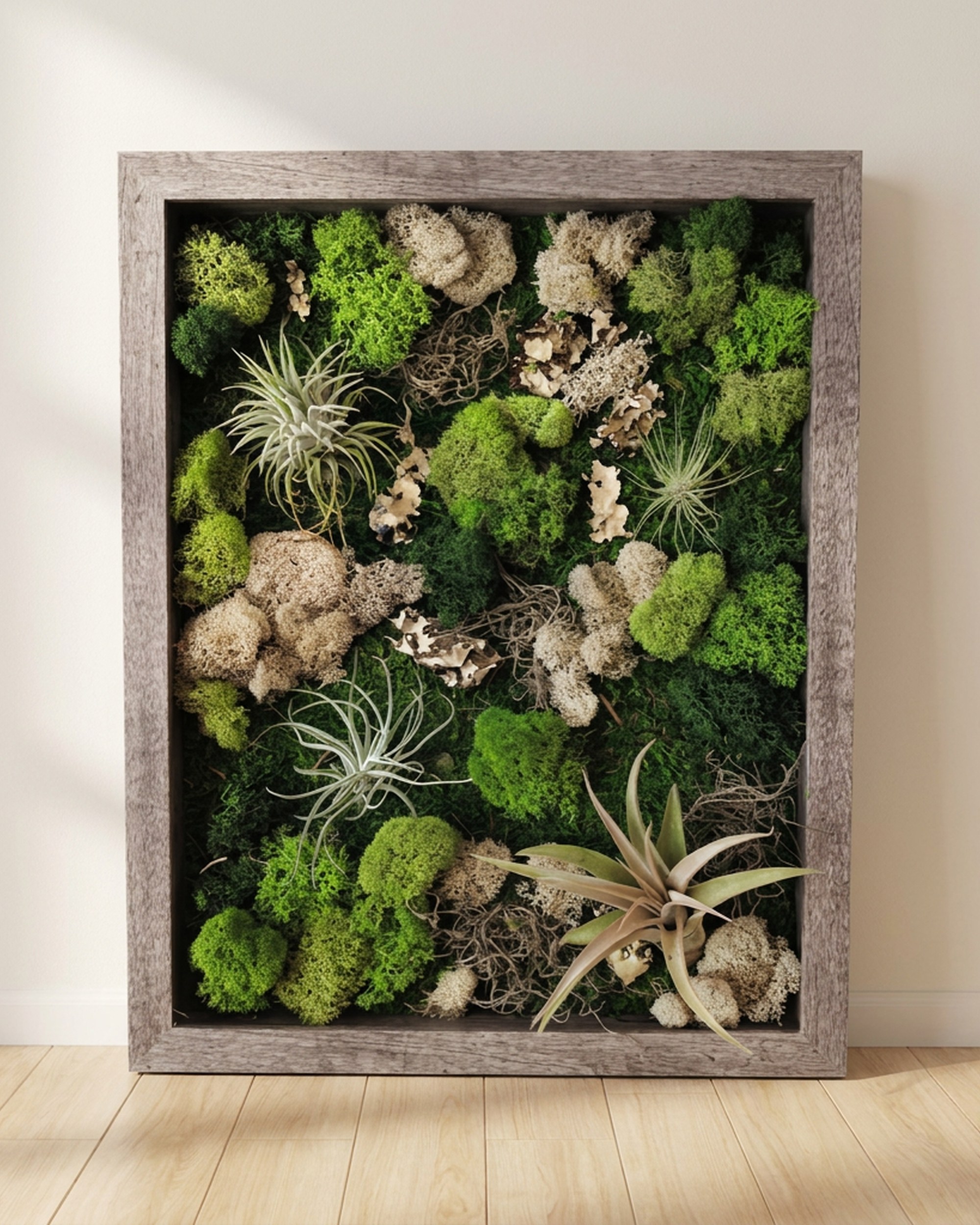 Wood Shadow Box with Air Plants and Preserved Moss, 12x24 Inch