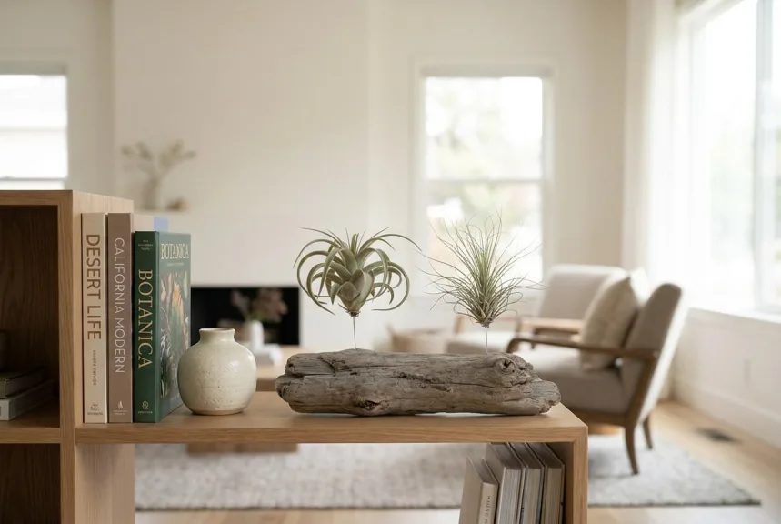 Two live air plants mounted on a piece of natural driftwood on a bookshelf