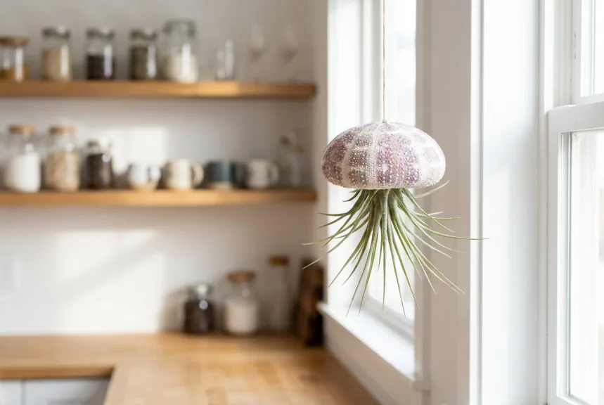 A sea urchin shell with an air plant hanging near a kitchen window