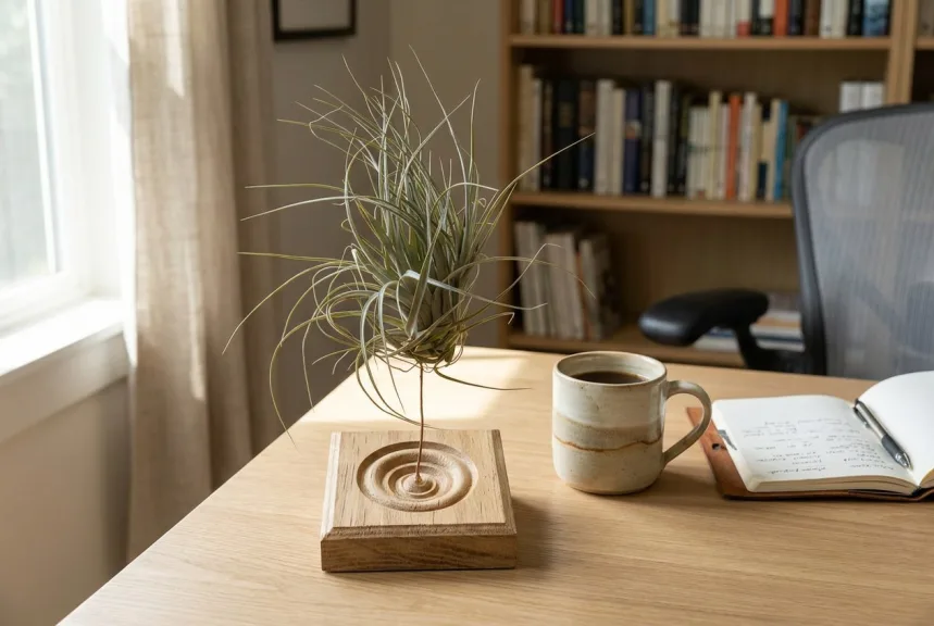 A live air plant on a square wood block on a white oak home office desk